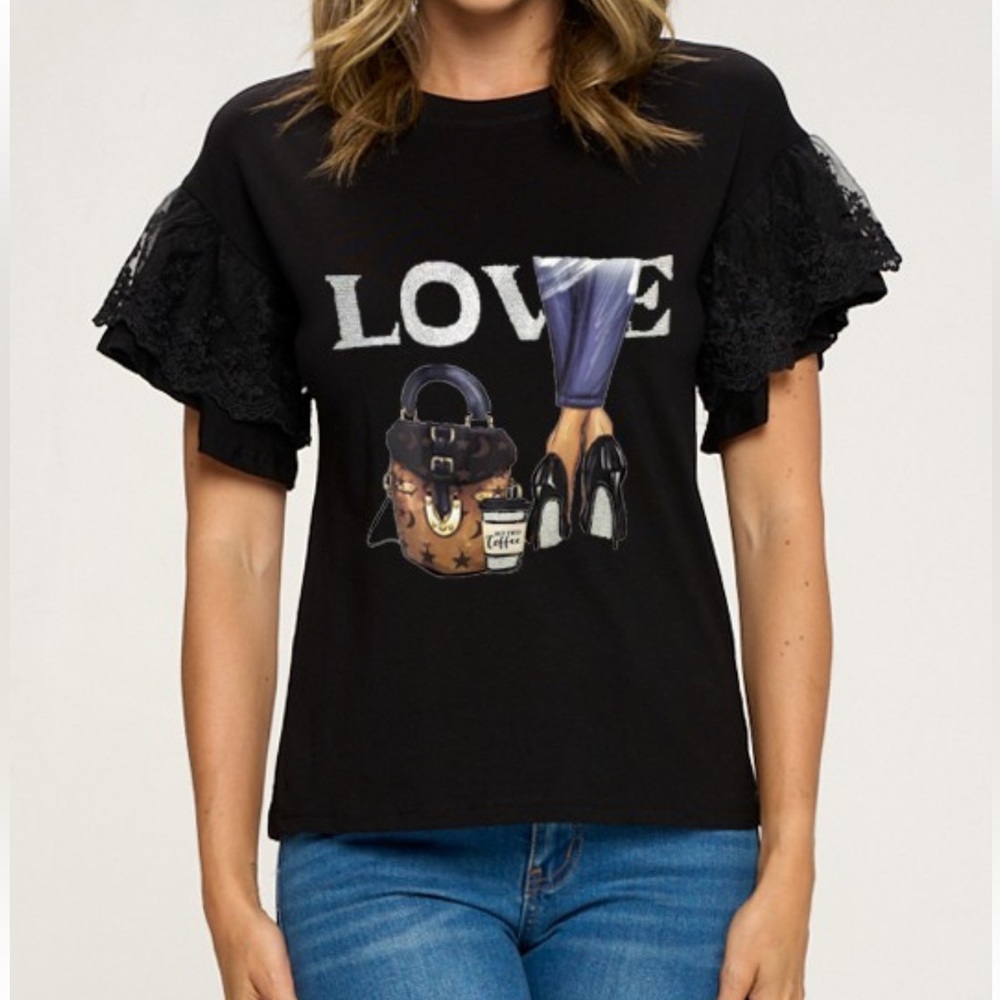62 Euro Graphic Love Lace Ruffle Sleeves Top - Picture 1 of 2